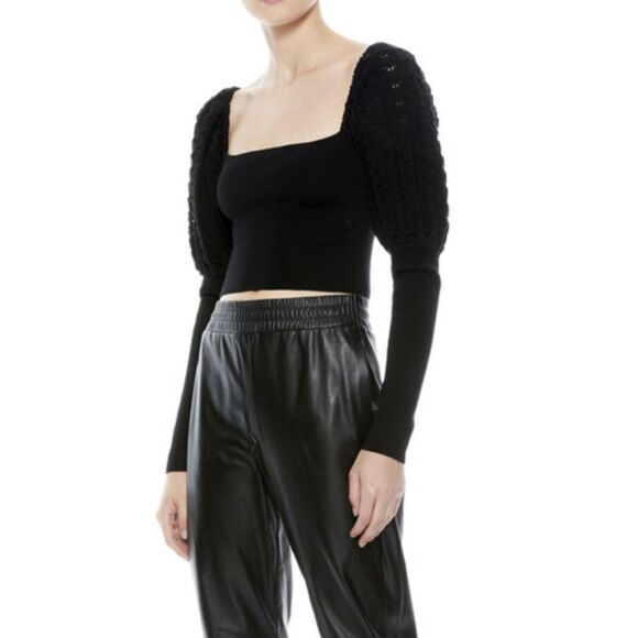 NWT Alice + Olivia EVALEE PUFF SLEEVE CROPPED SWEATER - BLACK - Picture 1 of 8